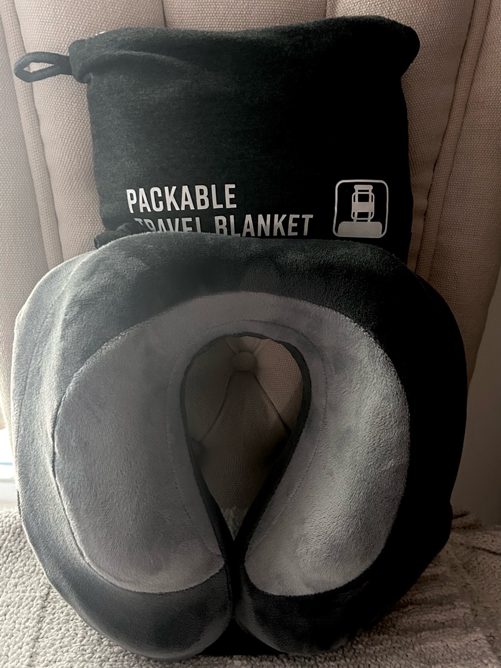 Packable Travel Blanket & Neck Pillow Set - Black/Grey